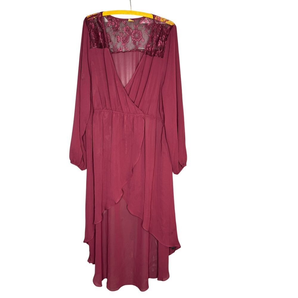 Worthington 1X Pinot Noir Faux Wrap Dress Lace Yoke Long Sleeve Plus Size NWT